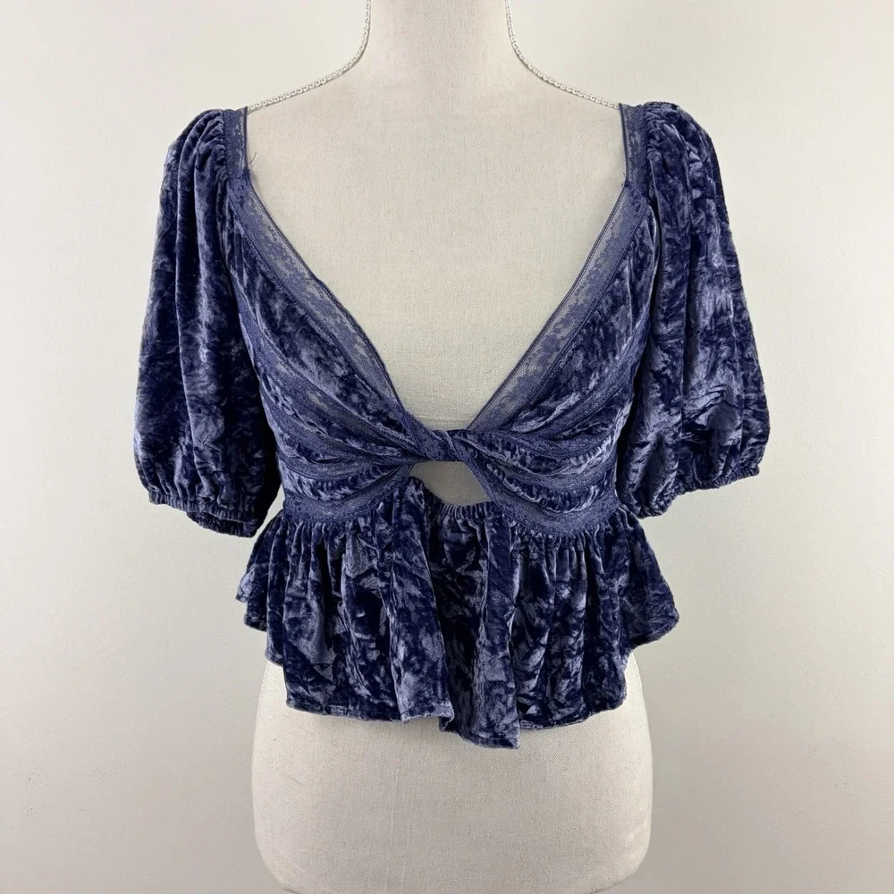 Free People Blue Velvet Puff Sleeve Peplum Crop Top S Boho Romantic